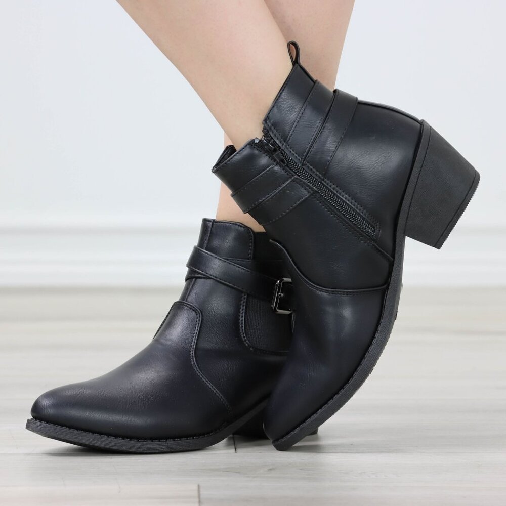 Womens Ankle Boots Low Block Heel Brown Synthetic Leather Pointed Toe Buckles - Picture 4 of 11